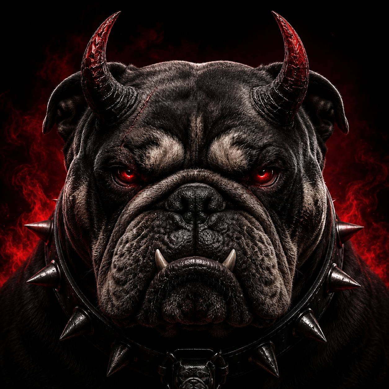 Bull Dog Coin mascot: a black bulldog with red horns, glowing red eyes and a spiked collar